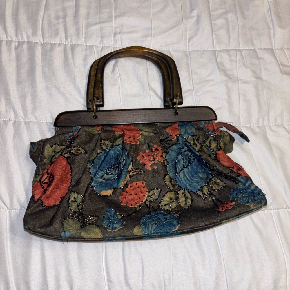 Floral Embroidered Women's purse- wooden handles & beaded flowers on bag